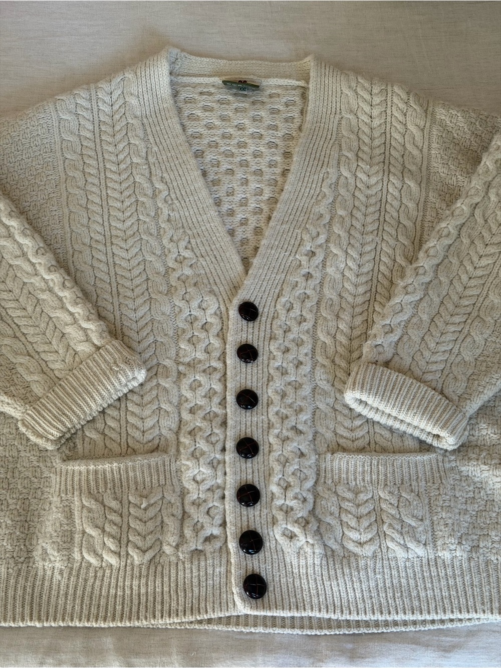 100% Merino Wool Cream Cable Knit Button-Front Unisex Sweater Cardigan